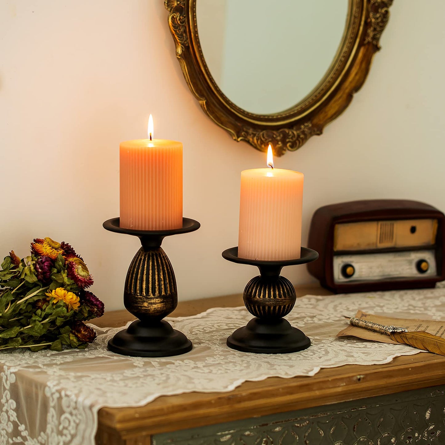 Sziqiqi Vintage Pillar Candle Holders Distressed Metal Candleholder Black Candlestick Holders Centerpiece Shabby Chic Ornaments for Coffee Dining Table Mantle Fireplace - Set of 2