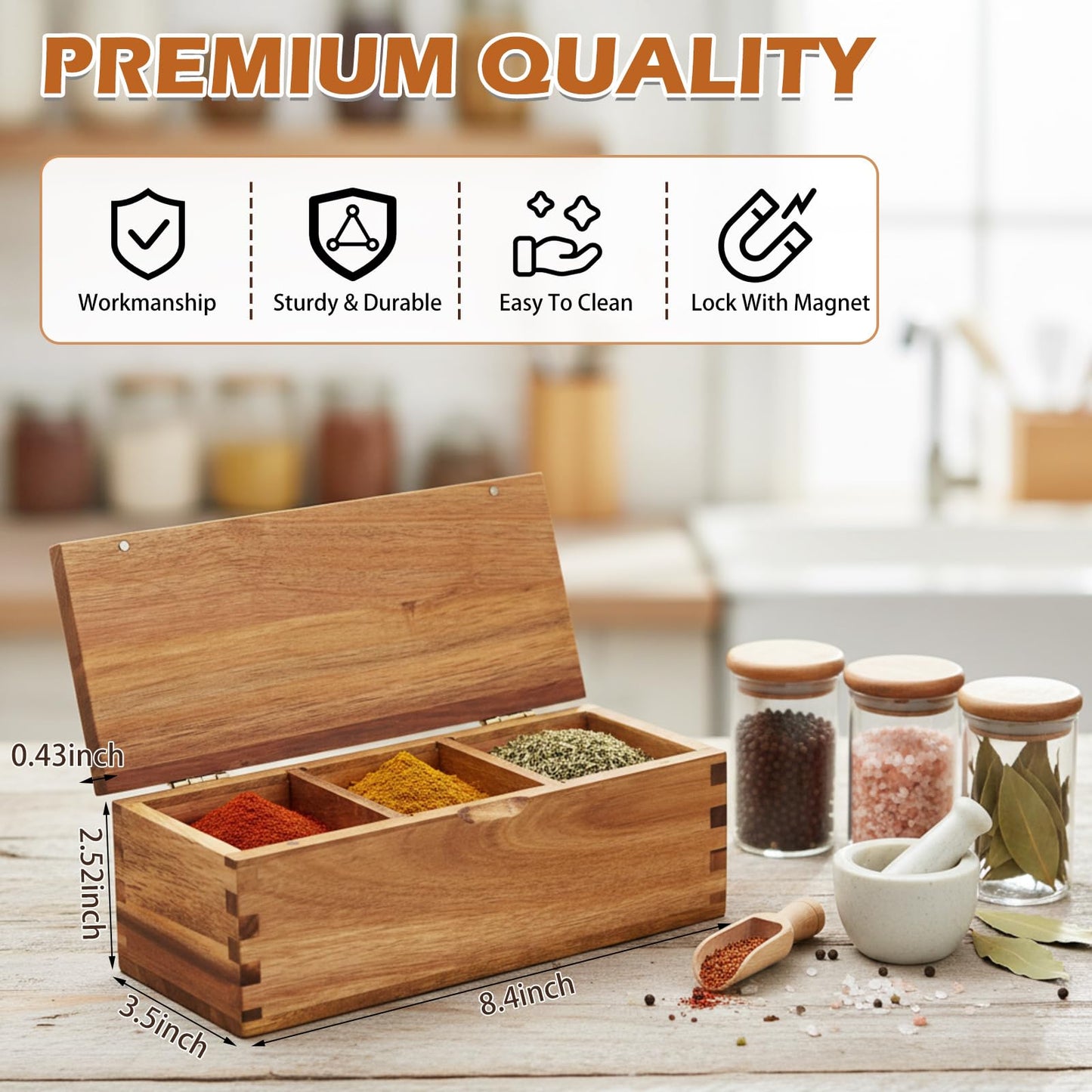 Yiyiring Acacia Wood Salt Cellar Spice Box with Magnetic Lid 29oz Large Capacity Salt Organizer 3 Compartments for Kitchen Countertop, Pepper, Seasonings, Spices, Grilling & Cooking