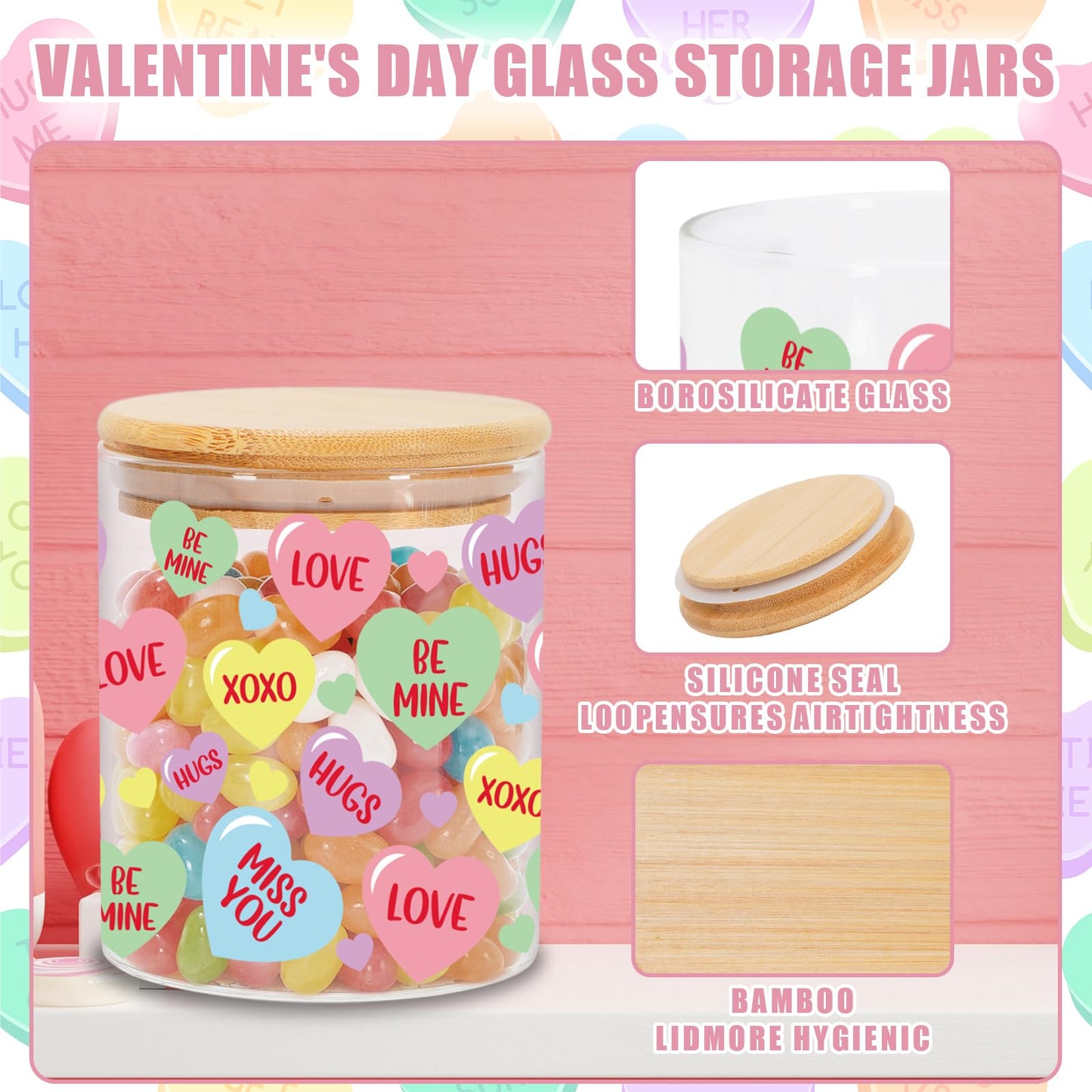 JarThenaAMCS 3Pcs Valentine Glass Storage Jars With Airtight Lid Pastel Conversation Heart Decorative Canisters Sets For Home Kitchen Countertop