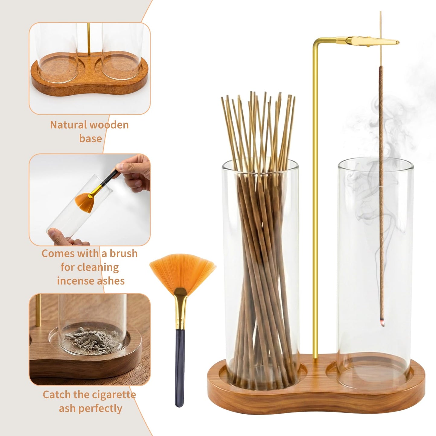 VELQUA Glass Incense Holder, 2 in 1 Incense Burner Holder with Storage, Hanging Upside Down Incense Sticks Holder with Glass Ash Catcher for Meditation Yoga Spa Room Decor