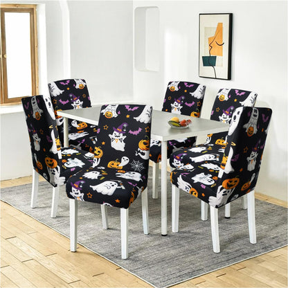qwpmvhsak Halloween Chair Covers Set of 6, Cute Pumpkin Ghost Dining Chair Protectors, Black Elastic Removable Washable Dining Chair Covers, Suitable for Halloween Kitchen Restaurant Holiday Decor