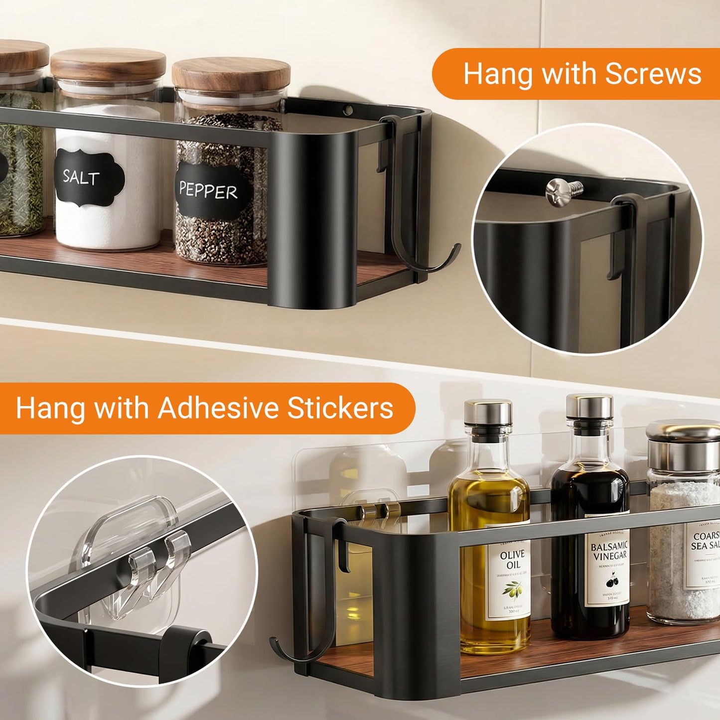 Yvrlo Wall Mounted Spice Rack, Black, 2 Pack
