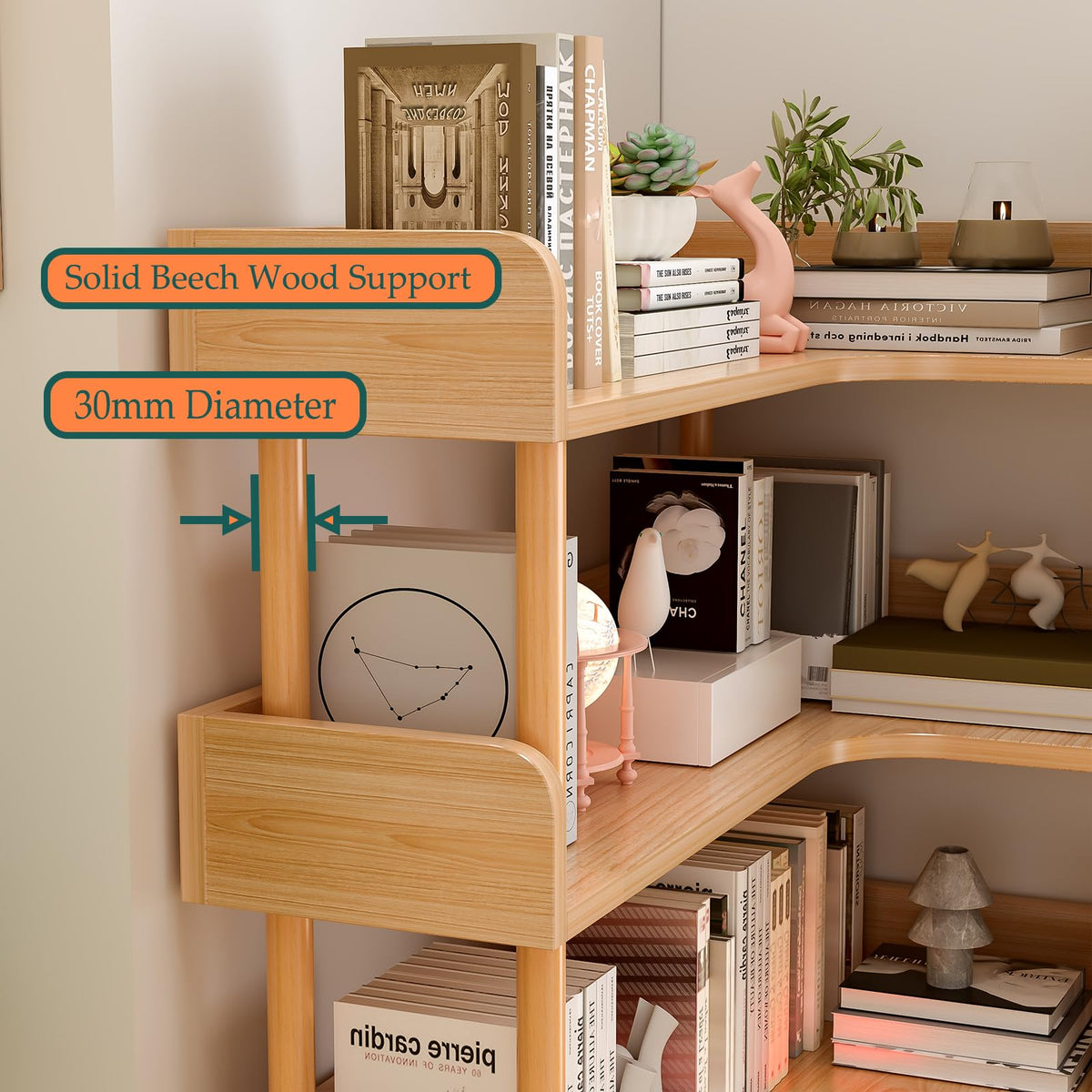 OSCHF Wooden Reversible Corner Bookshelf - Modern 4 Tiers L-Shaped Bookcase with Solid Wood Frame and Edge Protection for Home and Office, Open Storage Shelf, Oak
