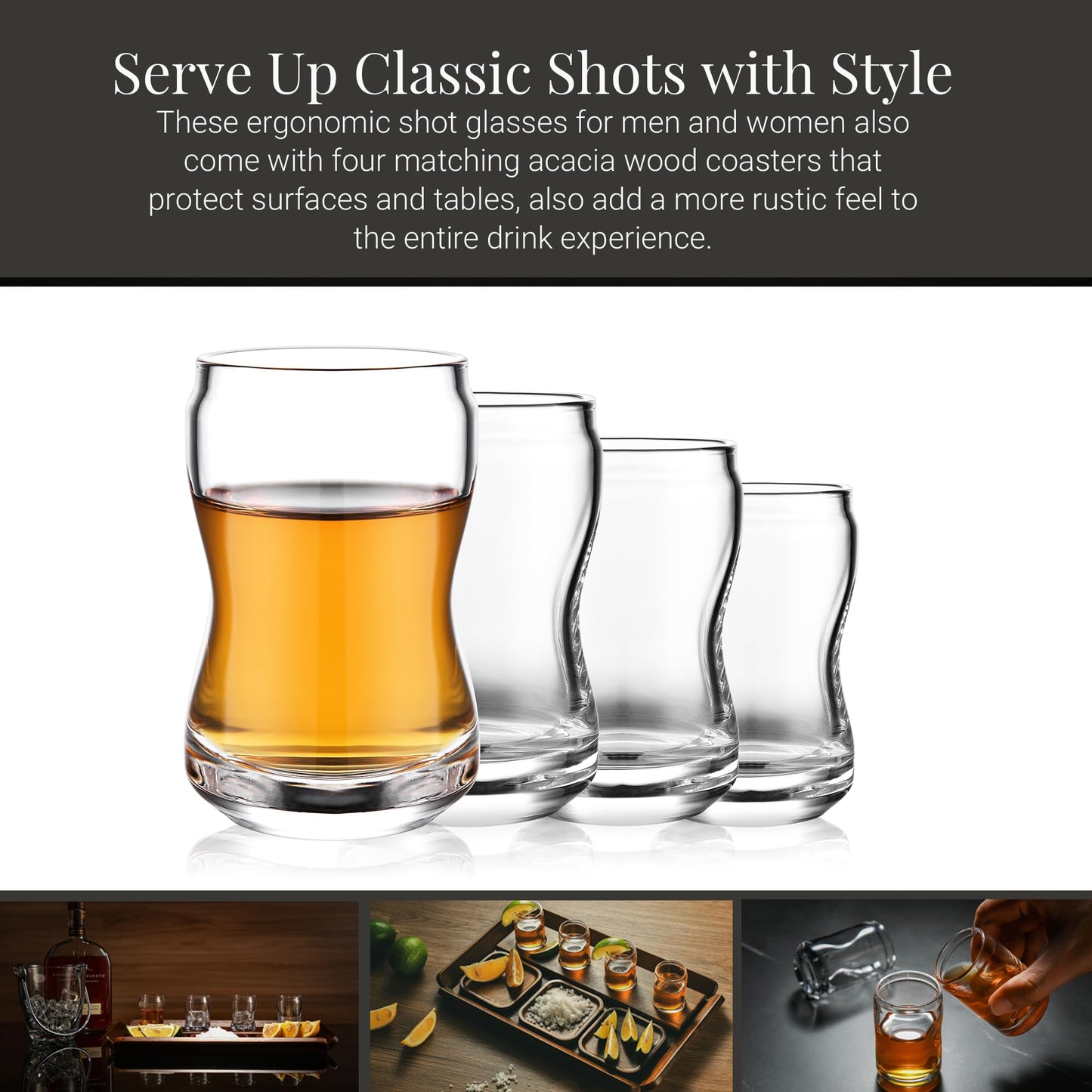 Shanik Rustic Wooden Tequila Flight Tray Set – Tasting Board with 4 Shot Glasses & Coasters, Cocktail Sampler for Parties, Home Bar, Men’s Gift, Pairing Kit