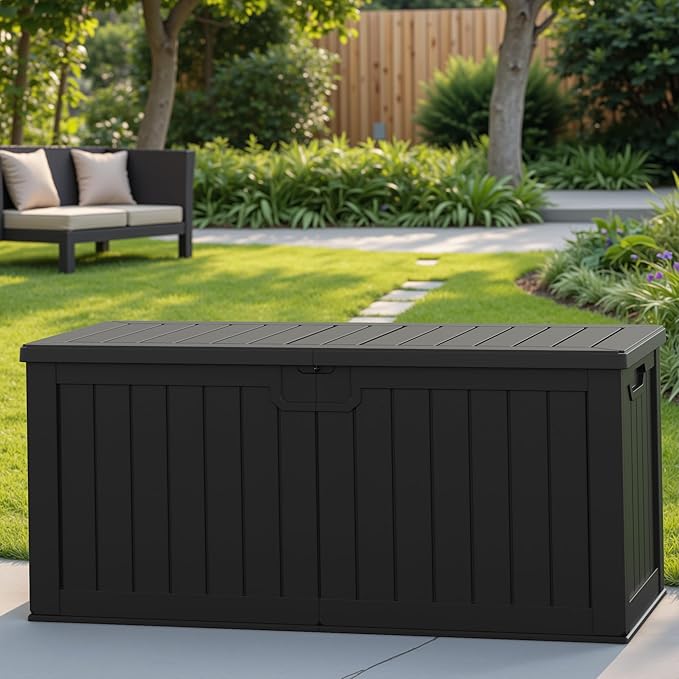Patiowell 240 Gallon Large Outdoor Storage Box, Waterproof Deck Box with Fixed Divider, Lockable and Durable Patio Storage Solution for Patio Furniture and Garden Tools (Black)