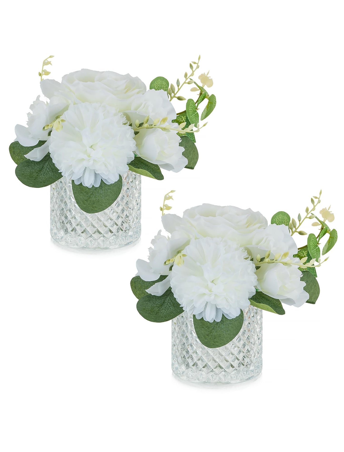 NUPTIO Small Fake Flower in Vase: 2 Pcs Silk Artificial Flowers with Clear Glass Vases for Living Room Bathroom Office Decor - Faux Rose Mums Floral Arrangements Wedding Dining Table Centerpiece