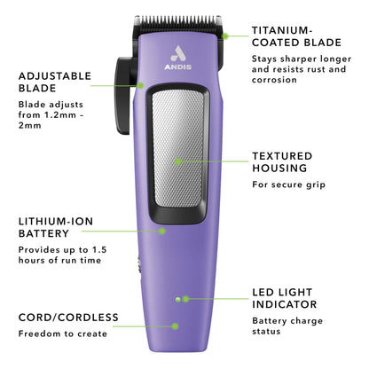 Andis Easy Clip Adjustable Blade Cordless II Dog Clipper, 10 Piece Kit, Lithium-Ion Battery, Purple, 560017