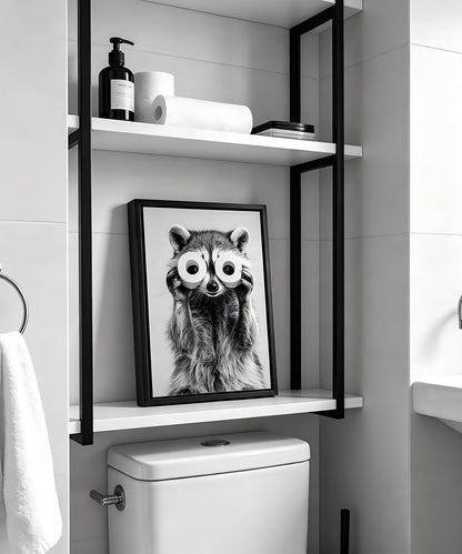 Framed Adorable Raccoon Bathroom Canvas Wall Art Toilet Paper Raccoon Wall Decor Pictures Funny Black and White Bathroom Animal Posters Prints for Restroom Home Decoration 8x10in