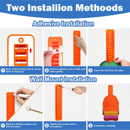 NAZZO Hat Racks for Wall, Hat Holder for Baseball Caps, Adhesive or Drilling Double Use Hat Display Hooks, Hat Organizer for Men Boys Bedroom Accessories, 2Pack Holds Up to 32 Caps, Orange