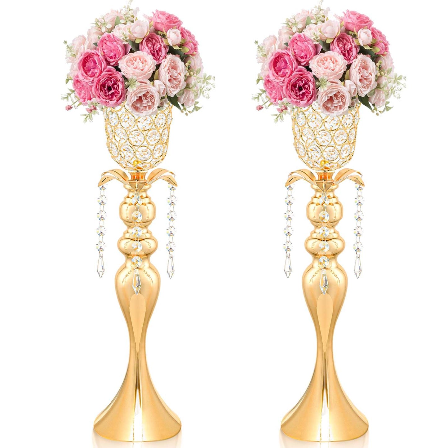 Kehail 2Pcs Gold Crystal Metal Vase Set - Tulip & Trumpet Wedding Centerpieces, Artificial Flower Arrangement Vases for Home Decor, Restaurant Table Displays