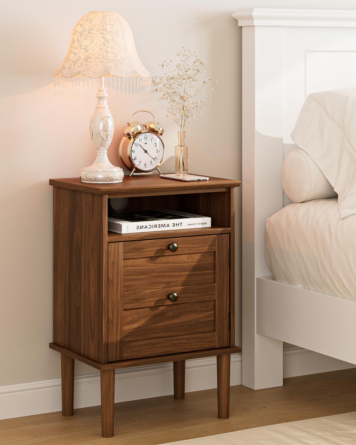 Apetaccat Nightstand, Boho Night Stand with 1 Drawer, Modern Side Accent Table with Open Shelf, Wooden Top Bedside End Table for Bedroom, Living Room, Walnut