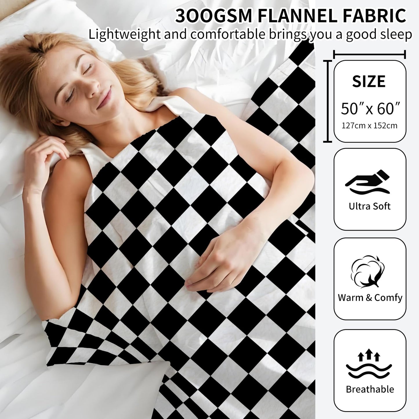 ANIOXCK Throw Blanket for Couch, 300GSM Warm Soft Cozy Flannel Blanket, Cute Blanket for All Seasons Bedroom Home Decor Gifts, Black White Checkerboard 50x60 Inches