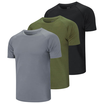 Cimic 3 Pack Gym Shirts for Men Workout Quick Dry Tops Casual Moisture Wicking Active Athletic Runing Tops Short Sleeve T-Shirt(590) Black Grey Green-L