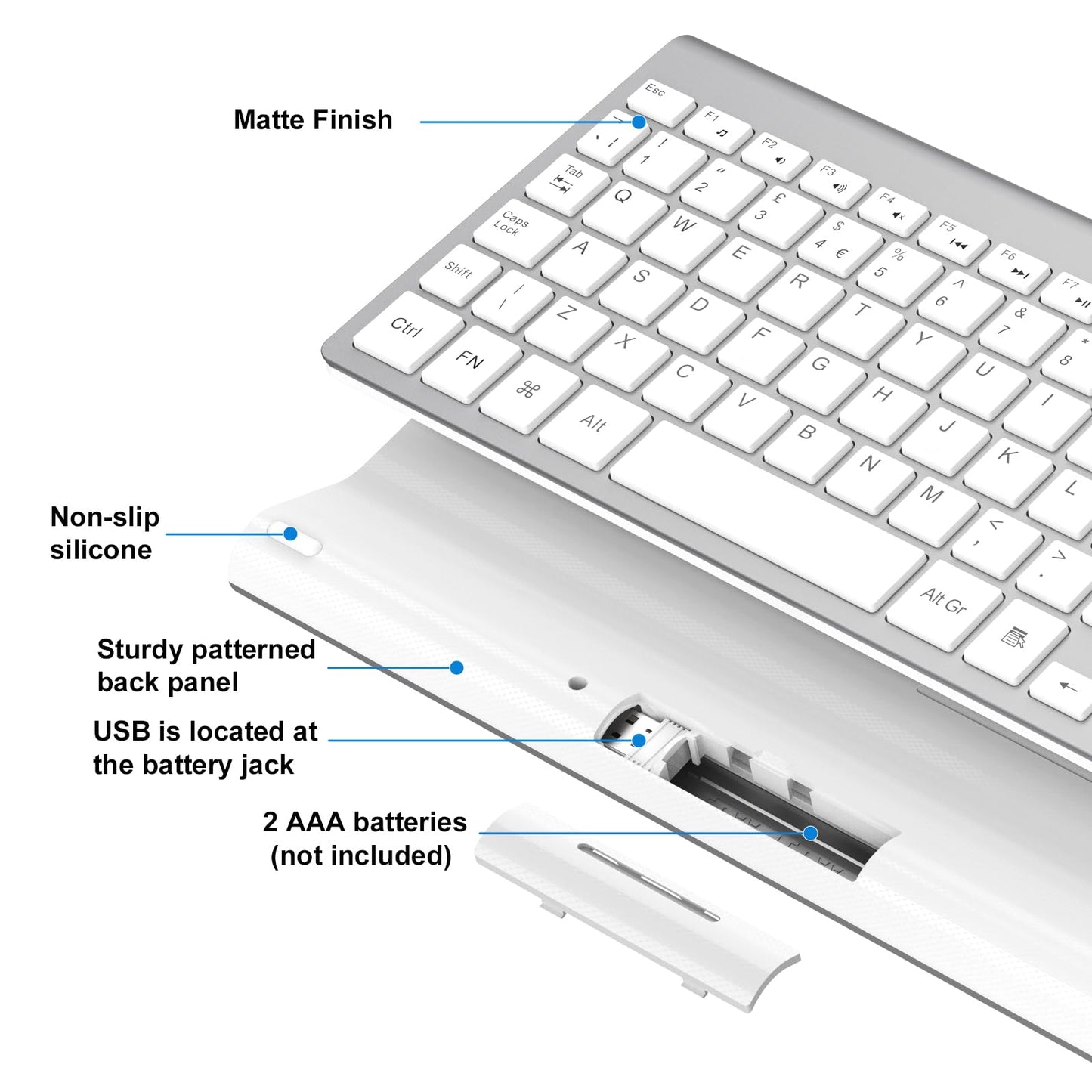 cimetech Wireless Keyboard, 2.4G, Ergonomic with Number Pad, Silent USB, PC, Laptop, Desktop, Windows 10/8/7/XP - Silver White