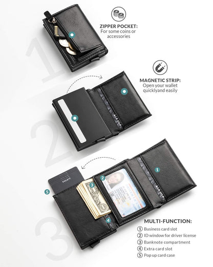 VULKIT Credit Card Holder RFID Blocking Leather Bifold Mens Wallet Automatic Pop Up with Banknote Compartment (Origin Black)