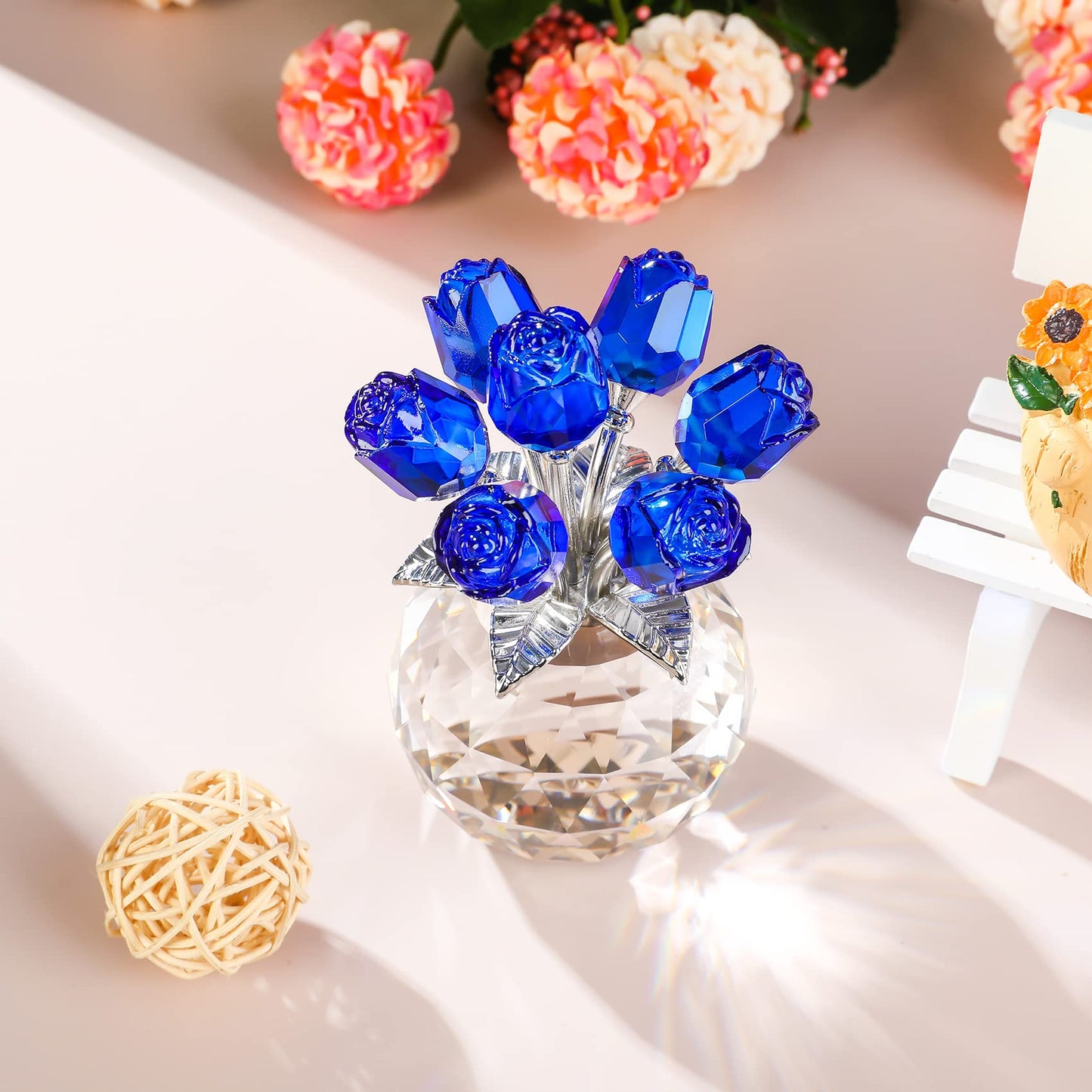 YWHL Crystal Blue Rose Flower Figurine with Round Vase, Rose Gifts for Wife Girlfriend, Romantic Gifts for Mom on Mother's Day Anniversary Birthday, Rose Collectible Figurines for Home Decoration