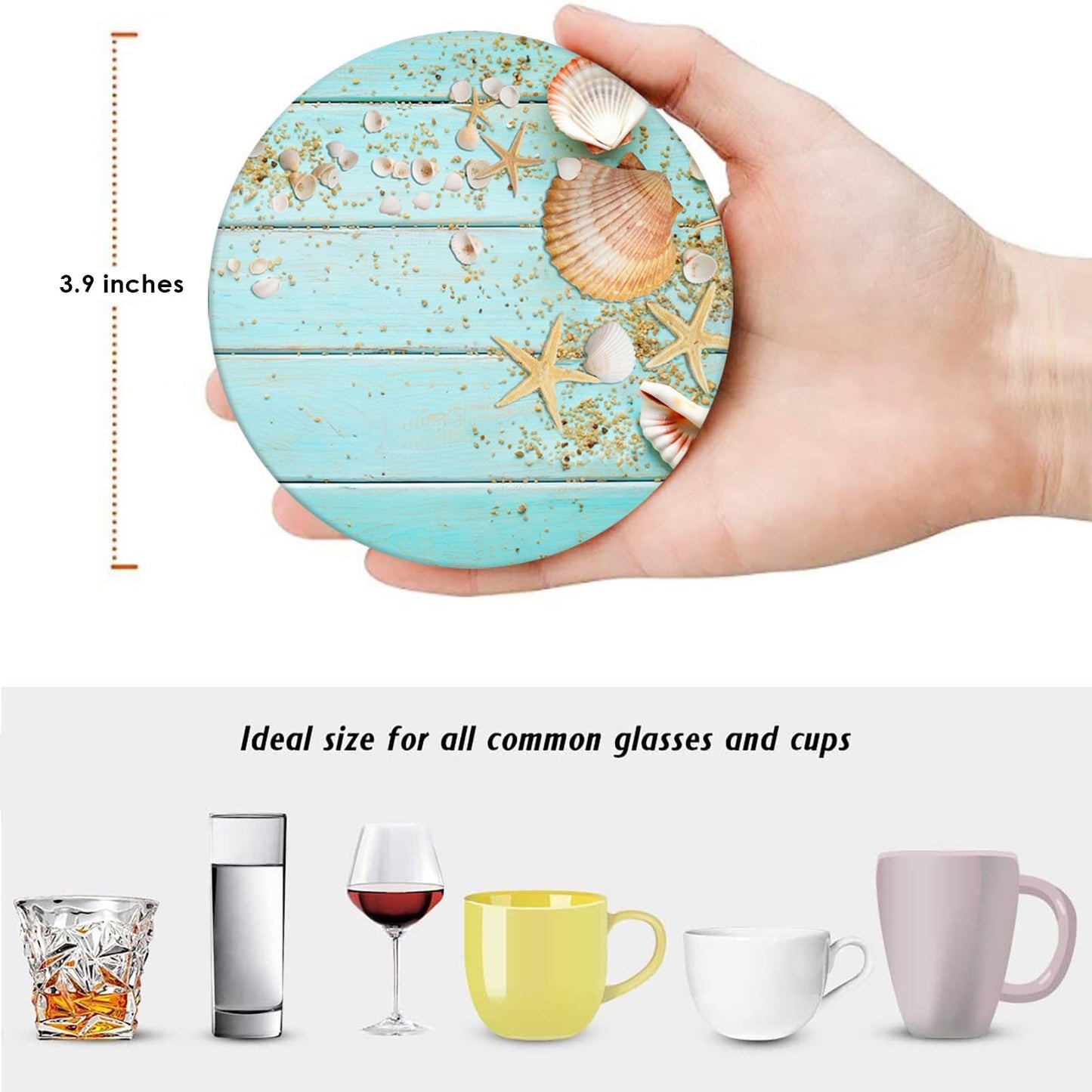 Britimes Coaster for Drinks Set of 6, Beach Seashells Wooden Nautical Wood Sand Table Coastal Absorbent Round Ceramic Stone Mat, with Cork Base and Metal Holder, Gift for Housewarming Room Bar Decor