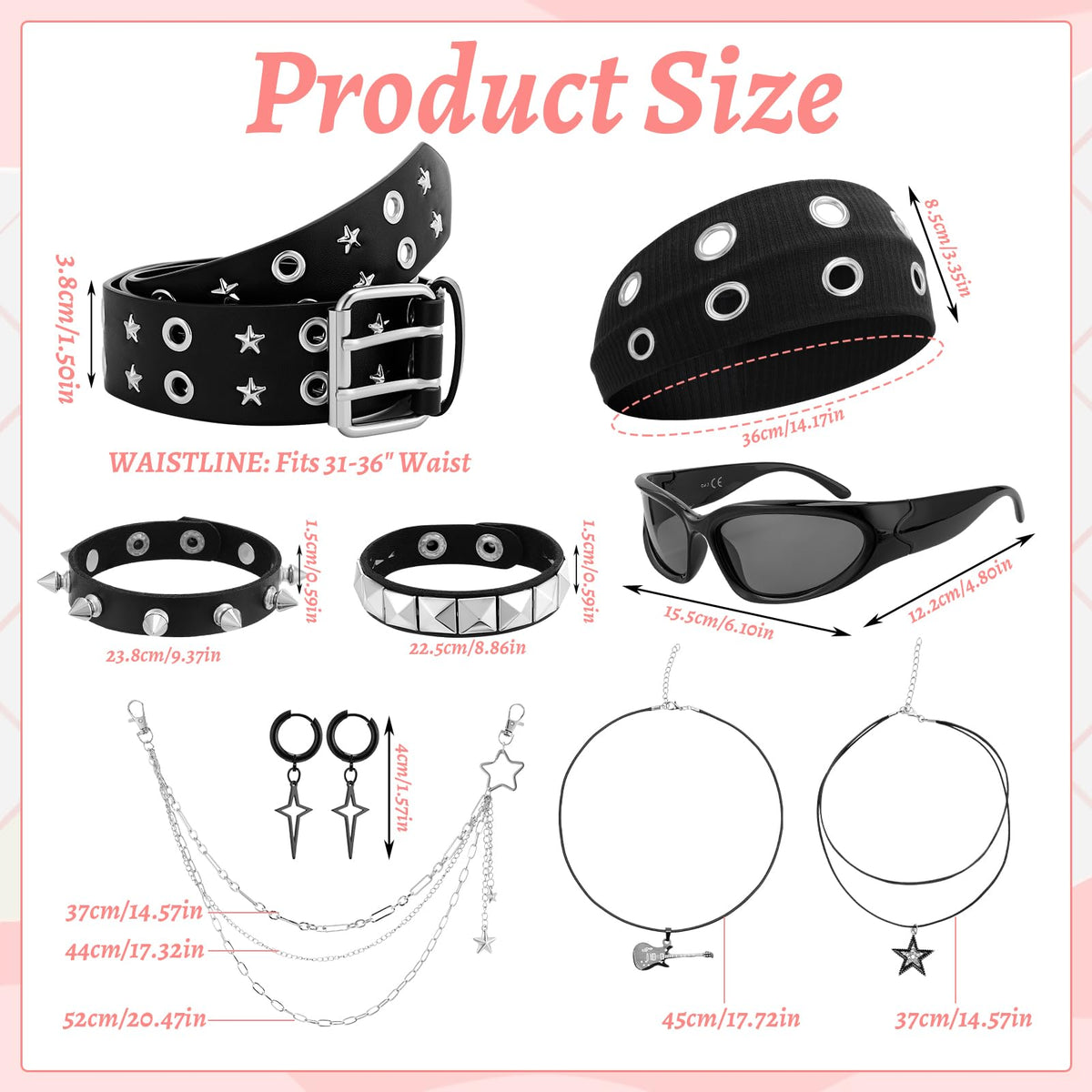 JATEBI 8 Pcs Gothic Punk Rock Accessories for Women, Y2K Accessories Set Black Studded Belt Bracelets Grommet Headband Punk Star Pants Chain Necklaces Earrings Sunglasses for Women