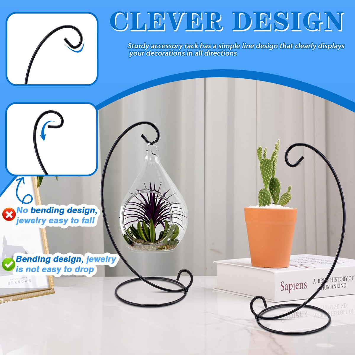 LELE LIFE 10Pcs Ornament Display Stand, 9.1" High Metal Hanging Plant Stand Air Plant Holder, Standing Hook Hanger for Wedding Christmas Ornament Plant Terrarium Glass Globe Lantern