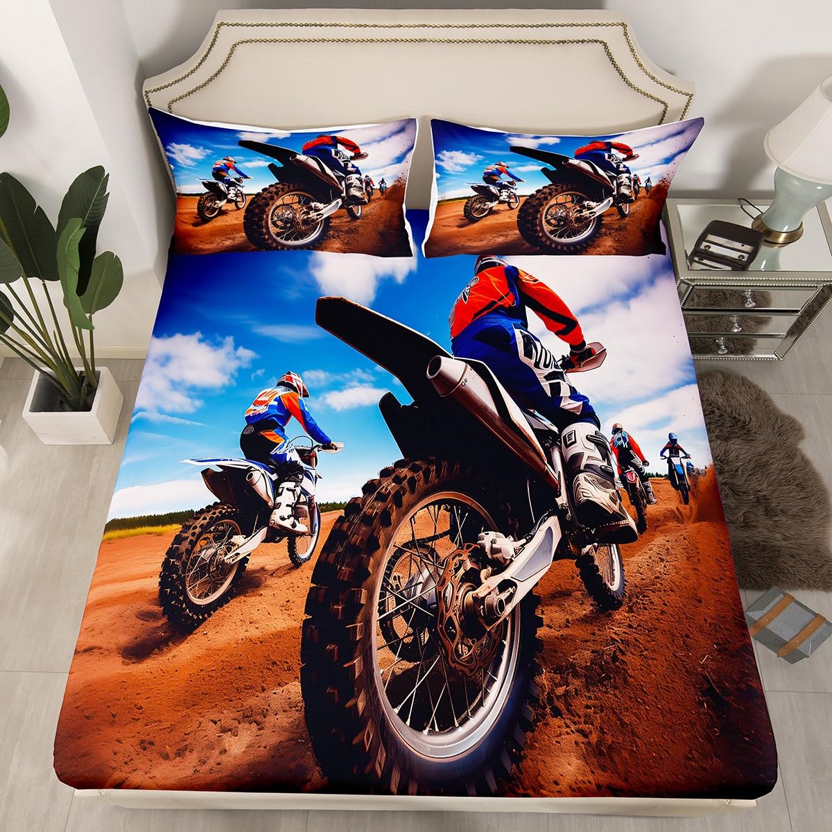 Feelyou Motorbike Fitted Sheet Dirt Bike Bed Sheet Sports Motorcycle Bedding for Kids Boys Teens Queen Size Motocross Racer Sheet Set Includes 1 Sheets & 2 Pillowcases (No Flat Sheet)