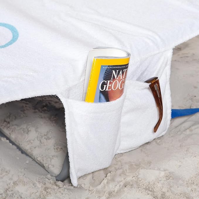 Ostrich Custom Fitted Towel for Chaise Lounge, Outdoor Beach Chair Cover with Storage Pockets, White - Towel Only - Chair Not Included