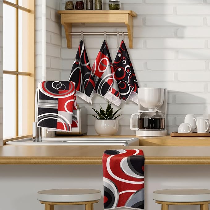 Boyiee Set of 6 Red Black Grey White Kitchen Towels Modern Geometric Dish Hand