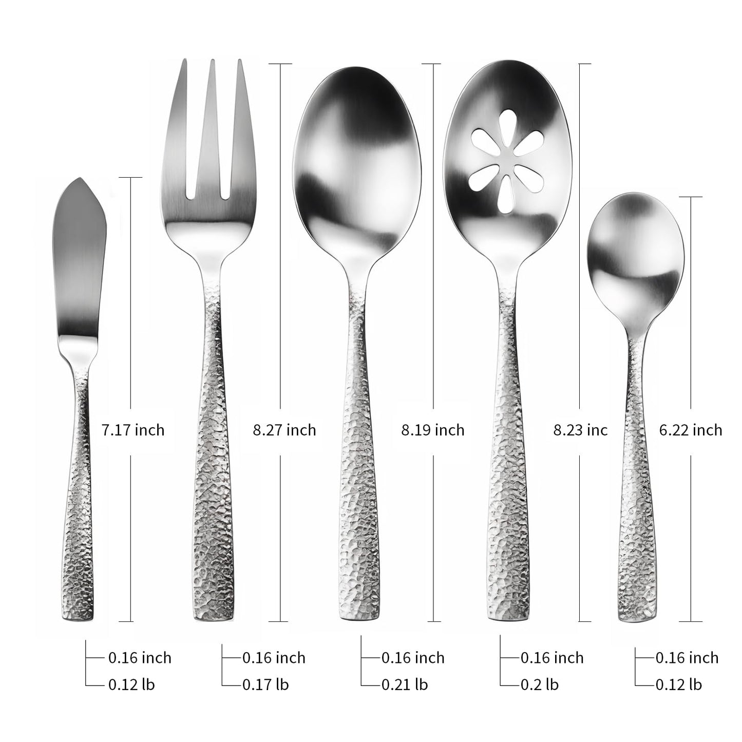 Kelenfer Stainless Steel Silverware Serving Set Hammered Silver Matte Finished 5 Piece Serving Utensil Set Flatware Set