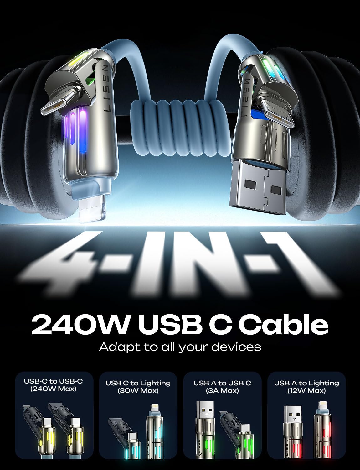 LISEN USB C to Lightning Cable, 240W 4 in 1 Charging Cable 6.6FT, Chubby USB A/C to C/Lightning with Light for iPhone Air 17 16 15 14 Pro/MacBook/iPad/Samsung/Switch 2, Multi Chargers for All Devices