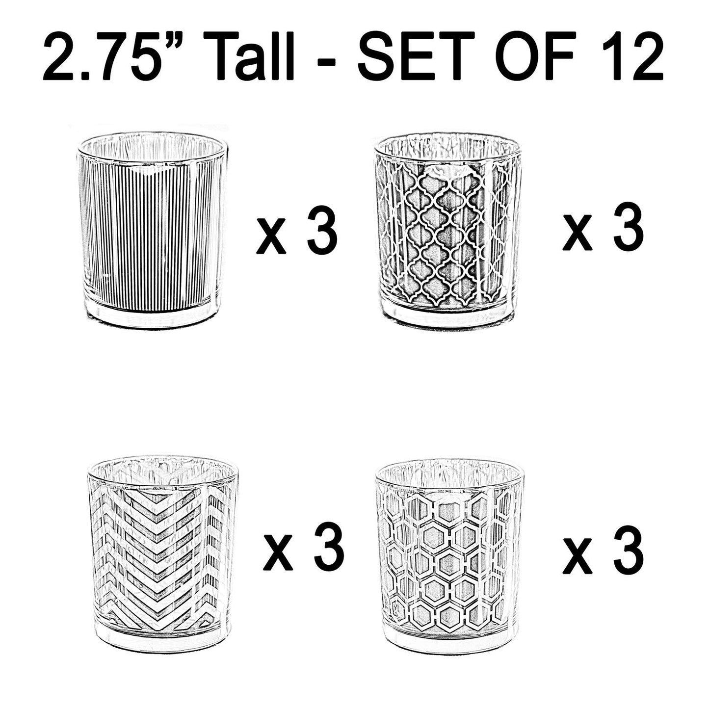 Seraphic Glass Votive Tealight Candle Holders in Bulk for Table Centerpiece Wedding Decor, Silver, 2.75" Tall, Set of 12
