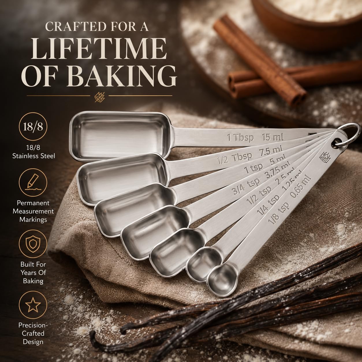 King Arthur Baking Company Spice Measuring Spoons, 18/8 Stainless Steel, 7-Piece Set, Precision Measures, For Baking And Cooking