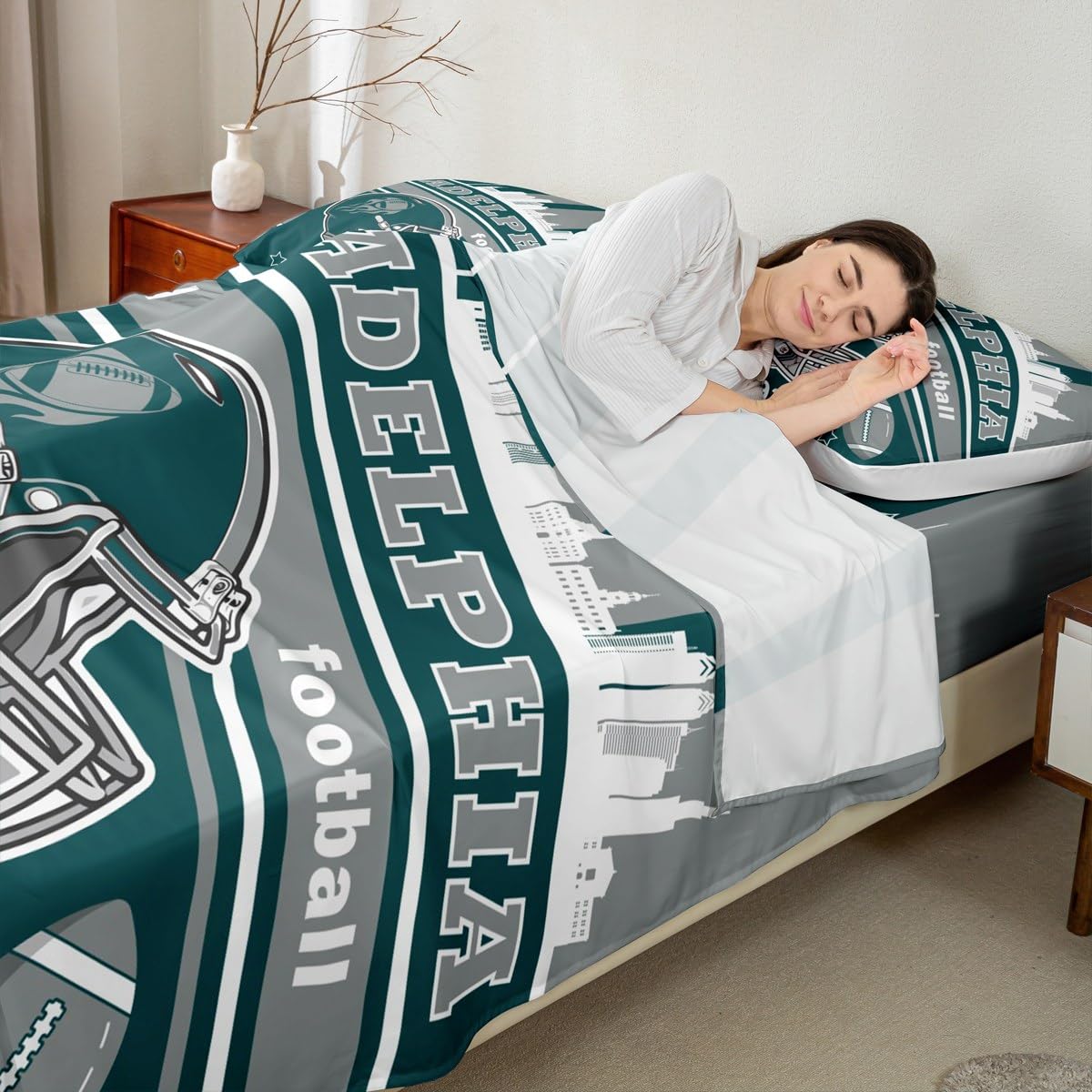 Feelyou Football Bed Sheets Set Full Size Boys Women Men Football City Fitted Sheet with 16 Inch Deep Pockets Rugby Sports Bedding Set
