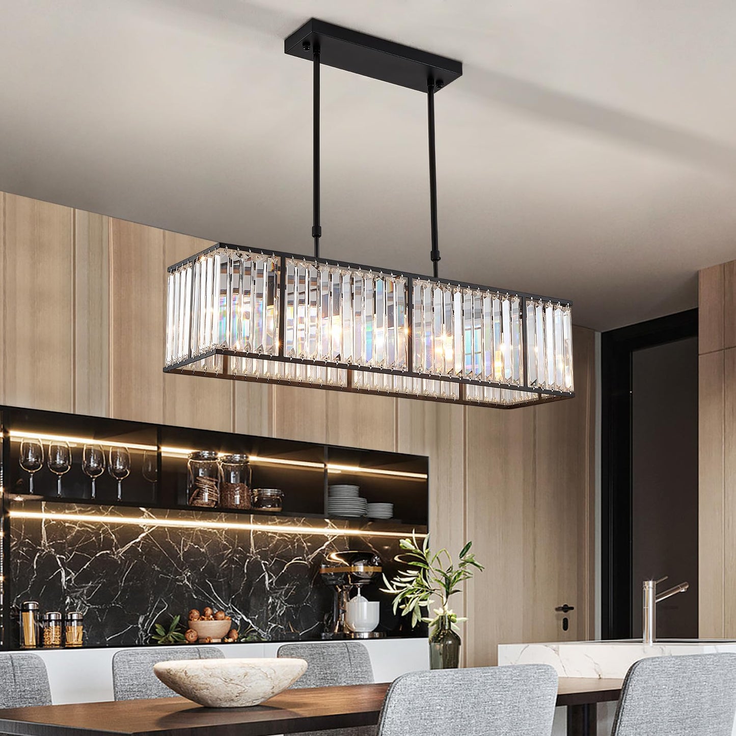 Siljoy Modern Rectangular Crystal Chandelier, 5 Lights Black Rectangle Raindrop Chandelier Lighting, Industrial Linear Pendant Ceiling Light Fixture for Dining Living Room Kitchen Island L33.5''
