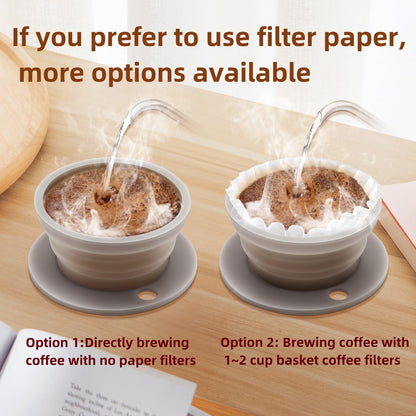 VVGCS Set of 2 Paperless Collapsible Travel Pour Over Coffee Dripper Kit - Silicone Travel Pour Over Coffee Maker Camping - Collapsible Coffee Filter with Stainless Steel Filter (Brown+Grey)