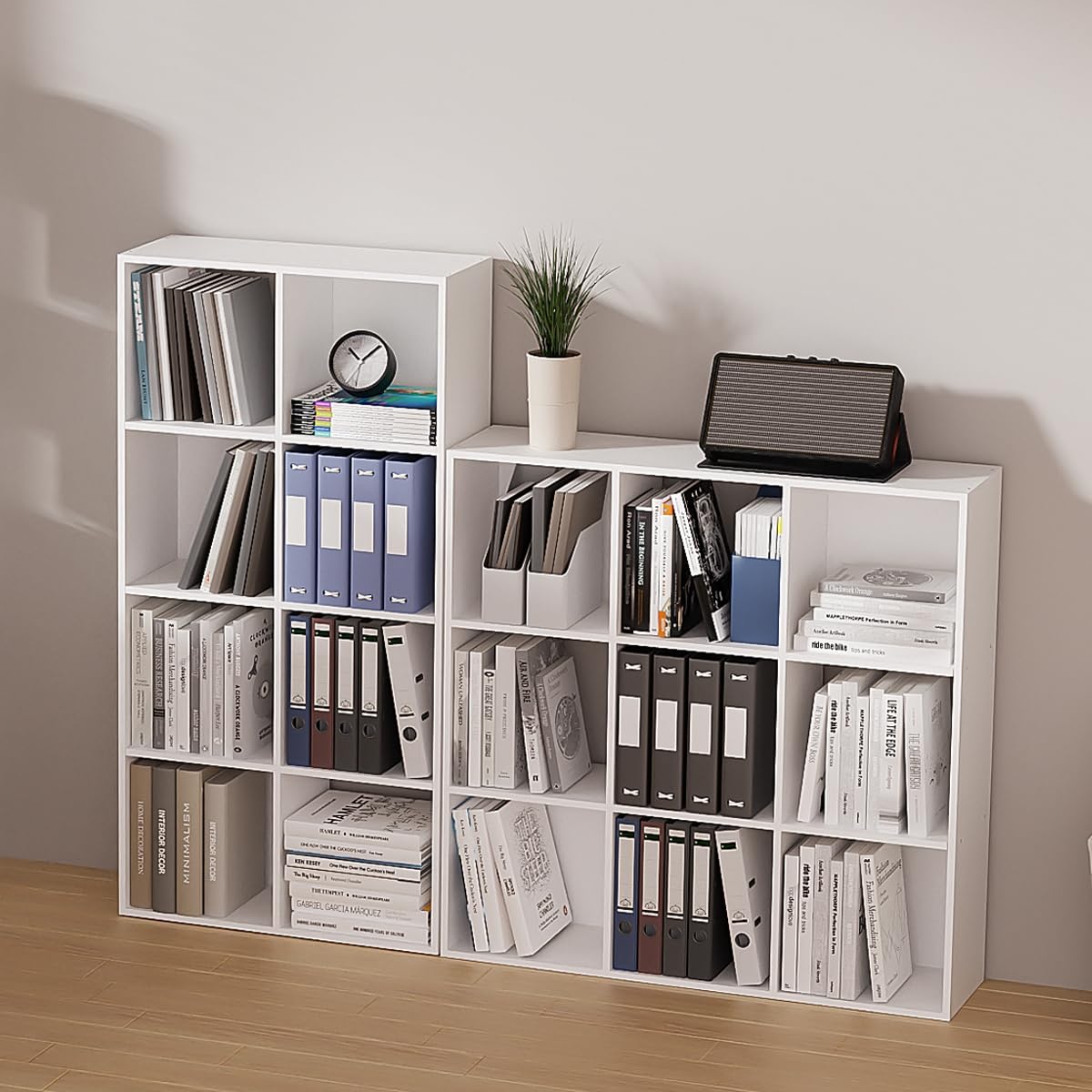 NewBeth 8-Cube Bookshelf, Tall Open Back Storage Shelves, Heavy Duty Wood Cubby Organizer for Small Spaces, Dorm Room Apartment Office, Unit for Book Toy Record Player Display (White, 8-Cube)