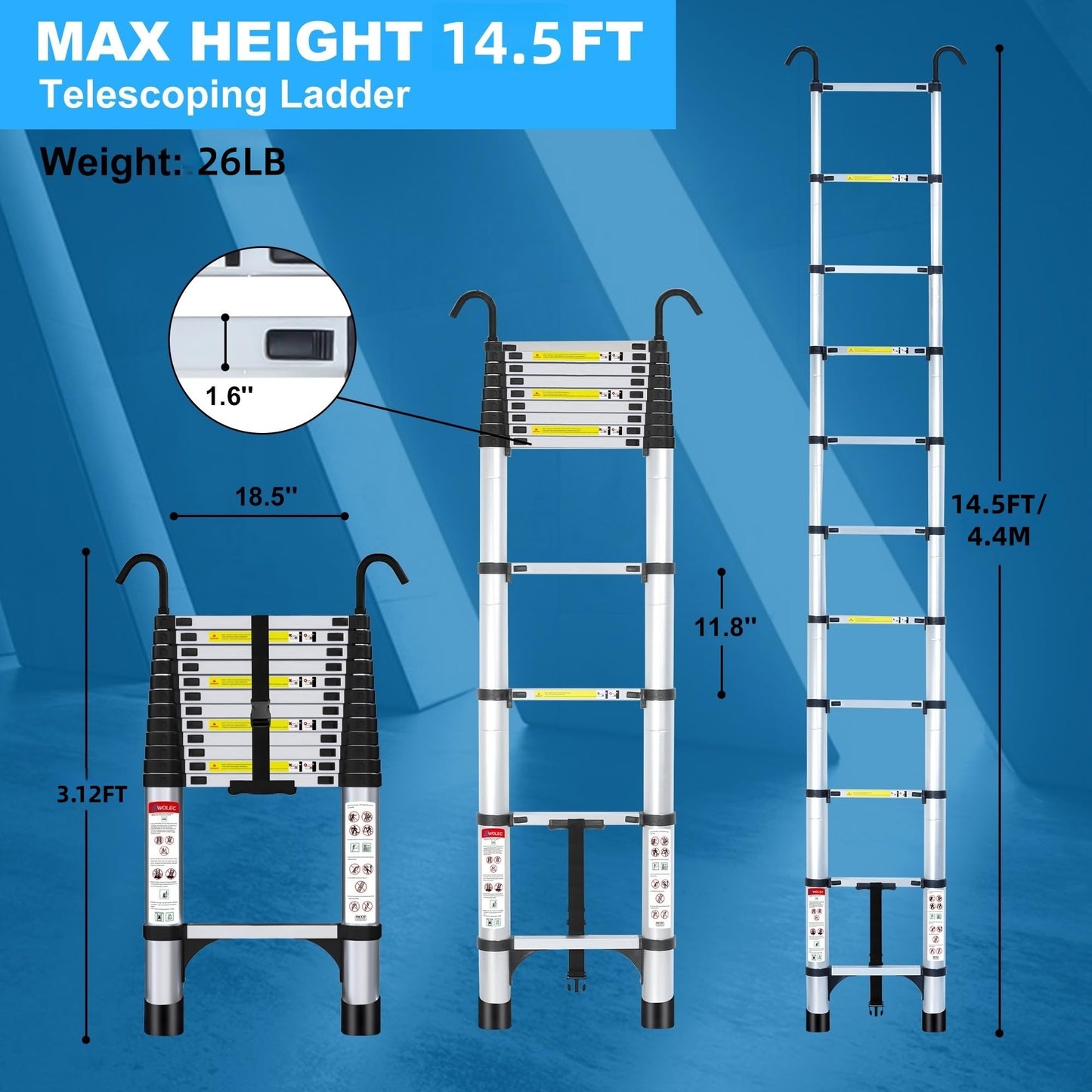 Wolec 17.5 ft Aluminum Telescoping Ladder, 330 lb Load, Hooks, Portable Collapsible Ladder for Home & Work,Silver