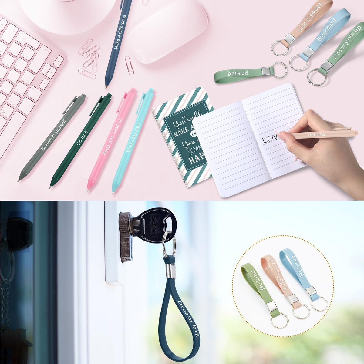 PerKoop 64 Pcs Inspirational Gifts Bulk 16 Motivational Notebooks Journal 16 Ballpoint Pens 16 Wristbands 16 Keychains for Teacher Office Women Employee Party Favor(Morandi)