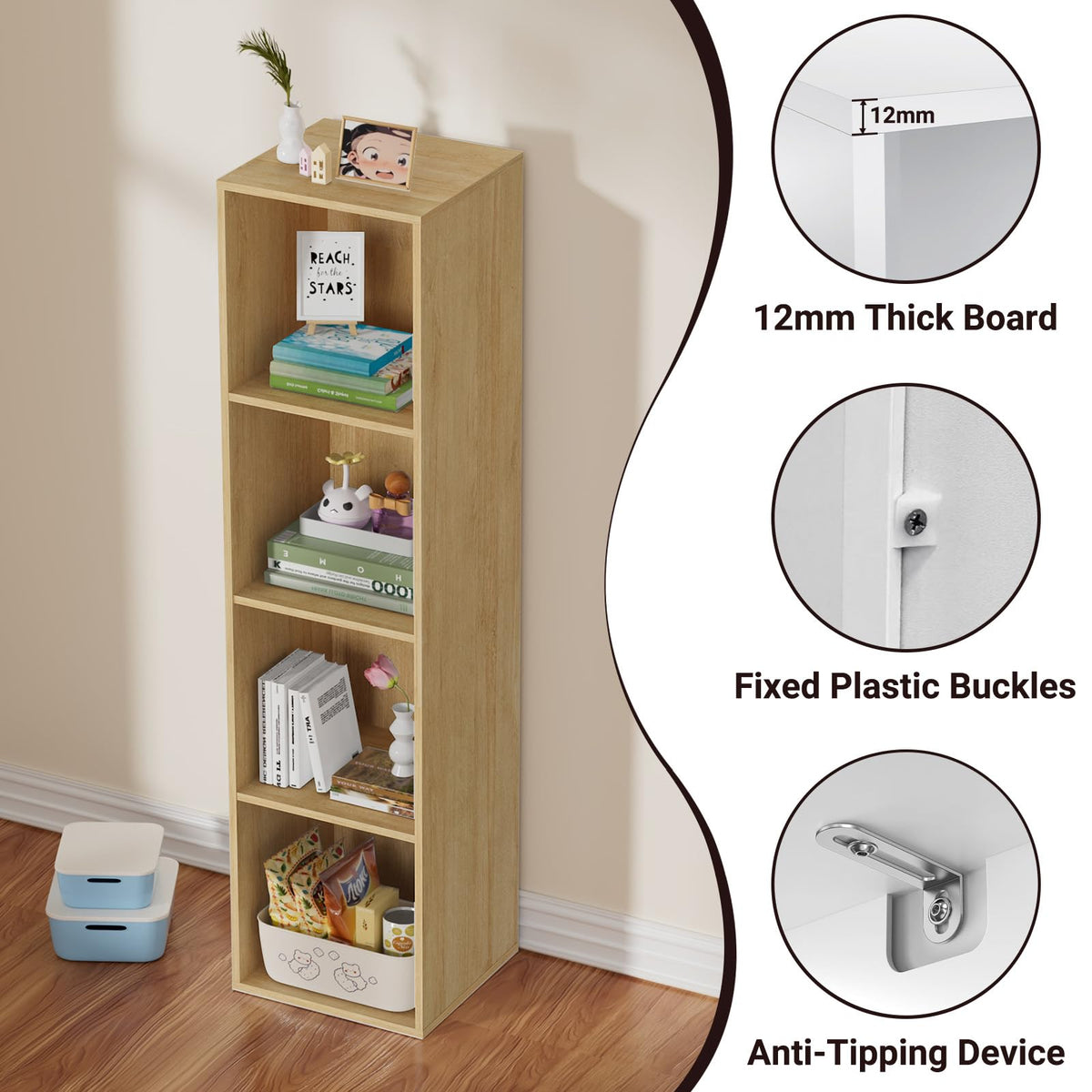 Nestwise 4 Tier Bookshelf, Freestanding Corner Storage Shelve Book Case for Narrow Space, 4 Cube Storage Organizer Small Bookcase for Home Office Living Room (Oak, 4 Cube)