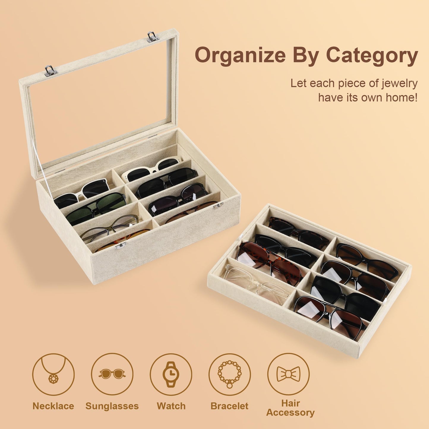 Frebeauty 16 Slots Sunglasses Organizer,2 Layer Velvet Sunglasses Tray with Glass Lid,Multiple Pairs Sunglass Display Case for Man or Woman,137 * 10.25 * 4.1 Inches Eyeglass/Eyewear Box (Pink)