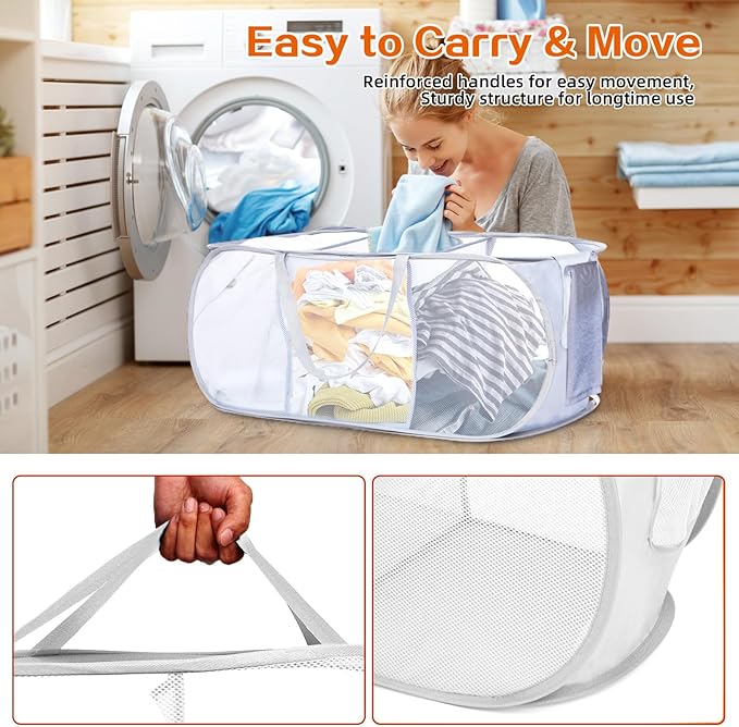 Durable Collapsible Foldable Mesh Pop Up Laundry Basket, 3 Compartments Easy to