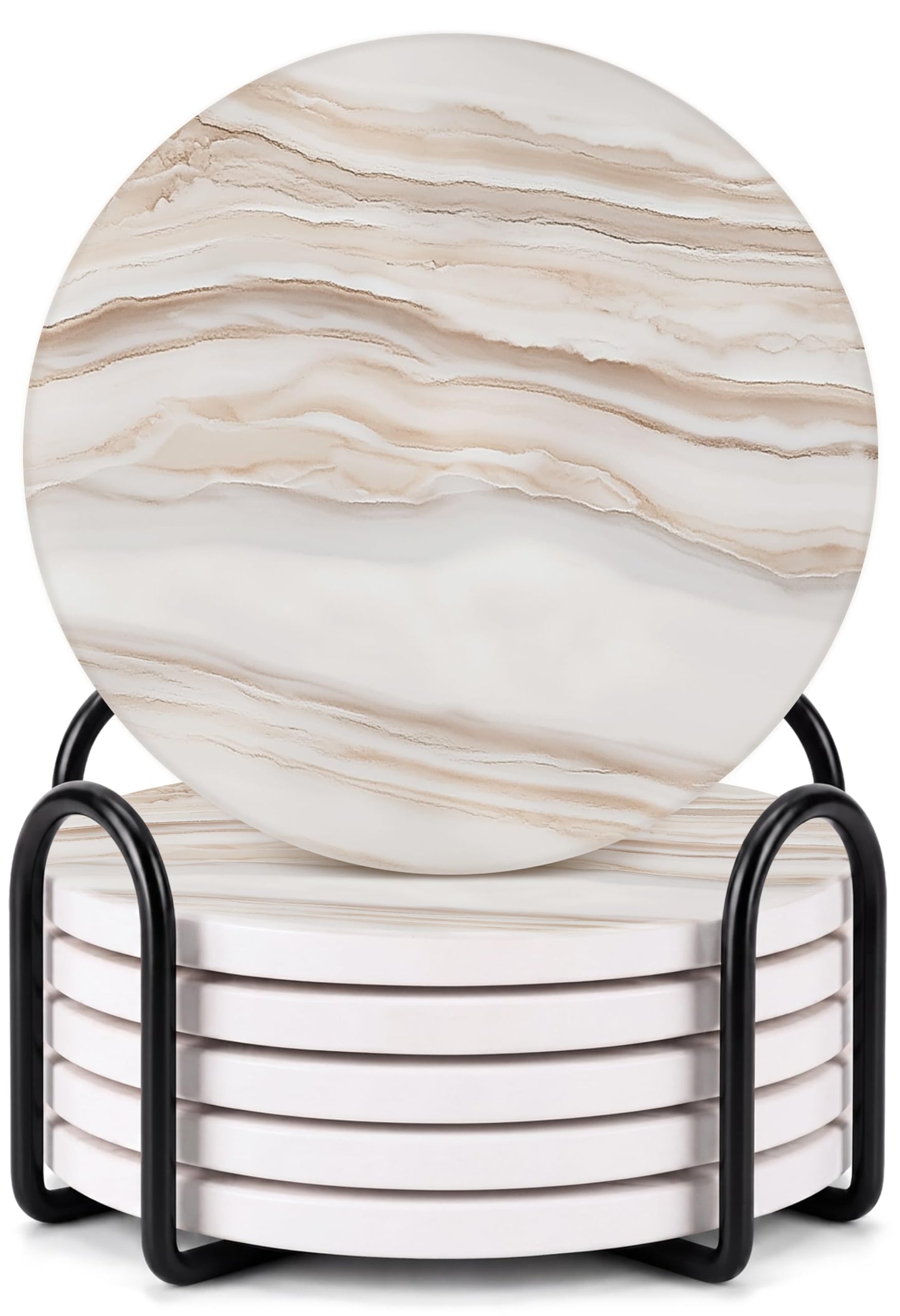 VEYRO Ceramic Coasters Set of 6 – Absorbent Stone Drink Coasters with Holder, Non-Slip Cork Backing, Modern Marble Look Coasters for Coffee Table, Desk & Home Decor
