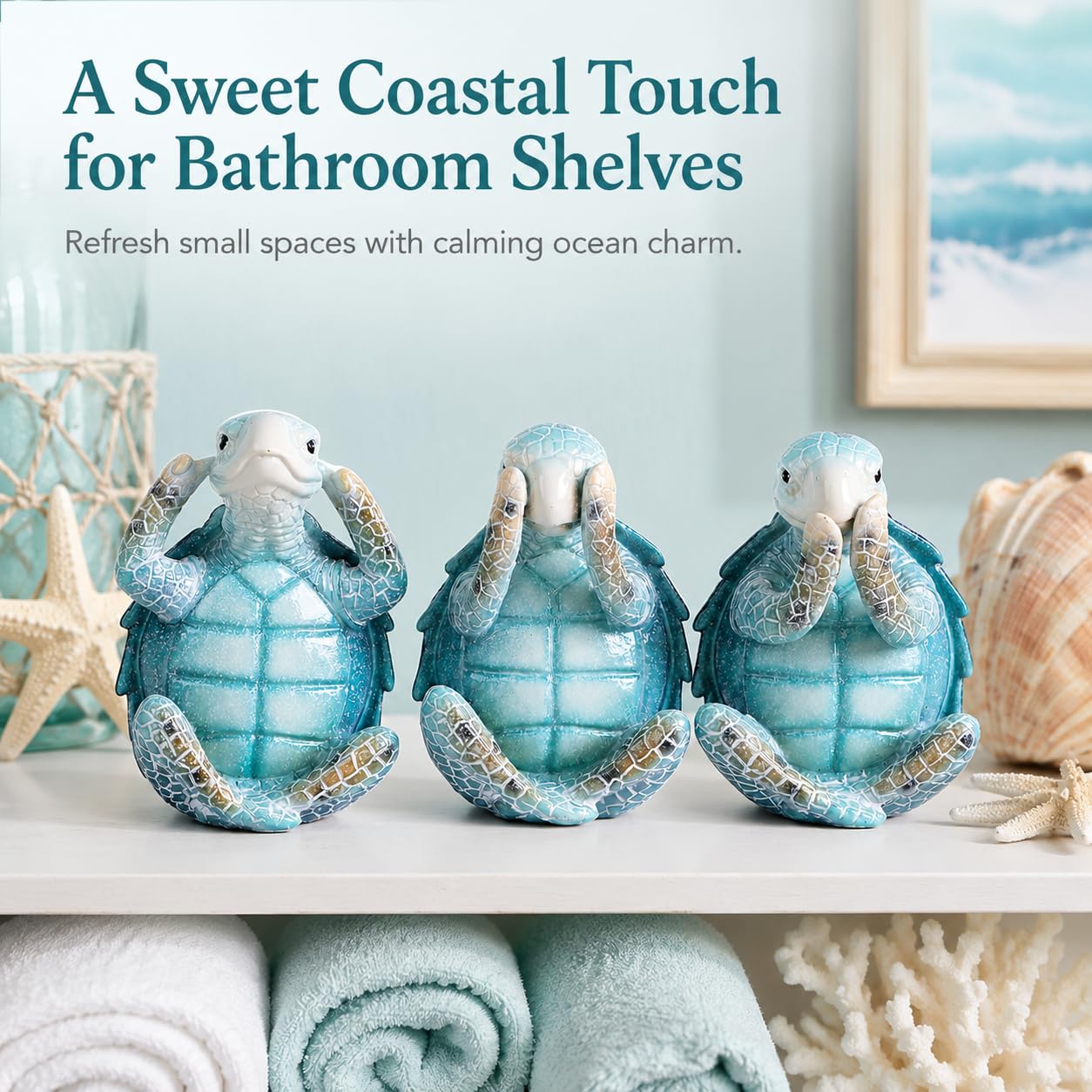 Wise Sea Turtle Sculpture Decor Set of 3,Hear See Speak No Evil Figurines,Summer & Coastal Bathroom Shelf Accents,Blue Ocean Statues for Beach House,Tiered Tray Mantel Decor,Sea Turtle Gifts for Women
