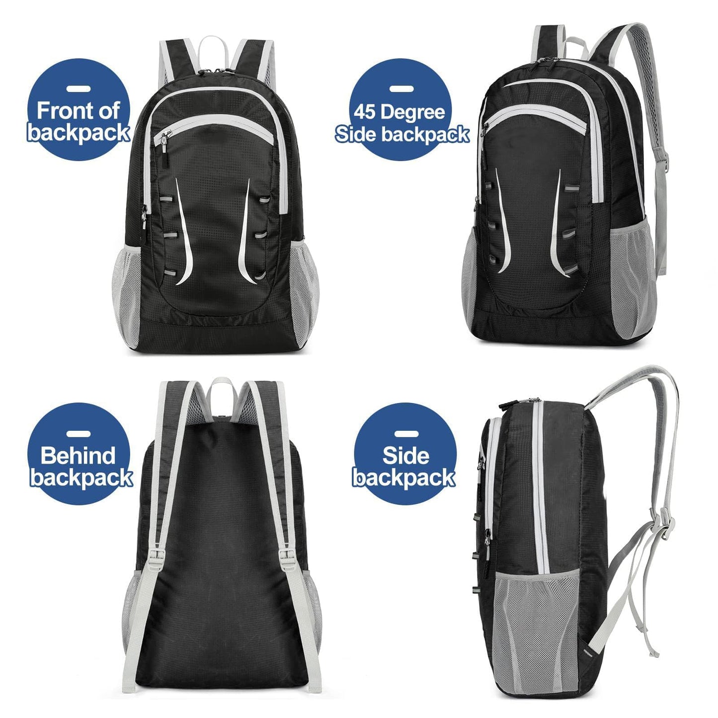 Alitifiy Lightweight Foldable Backpacks, 30L Packable Waterproof Small Hiking Bags & Packs Knapsack Daypack Handy for Men Women Ladies Kids Travel Camping Outdoor Rucksack Bag Pack (Black Grey)