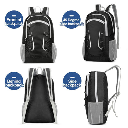 Alitifiy Lightweight Foldable Backpacks, 30L Packable Waterproof Small Hiking Bags & Packs Knapsack Daypack Handy for Men Women Ladies Kids Travel Camping Outdoor Rucksack Bag Pack (Black Grey)