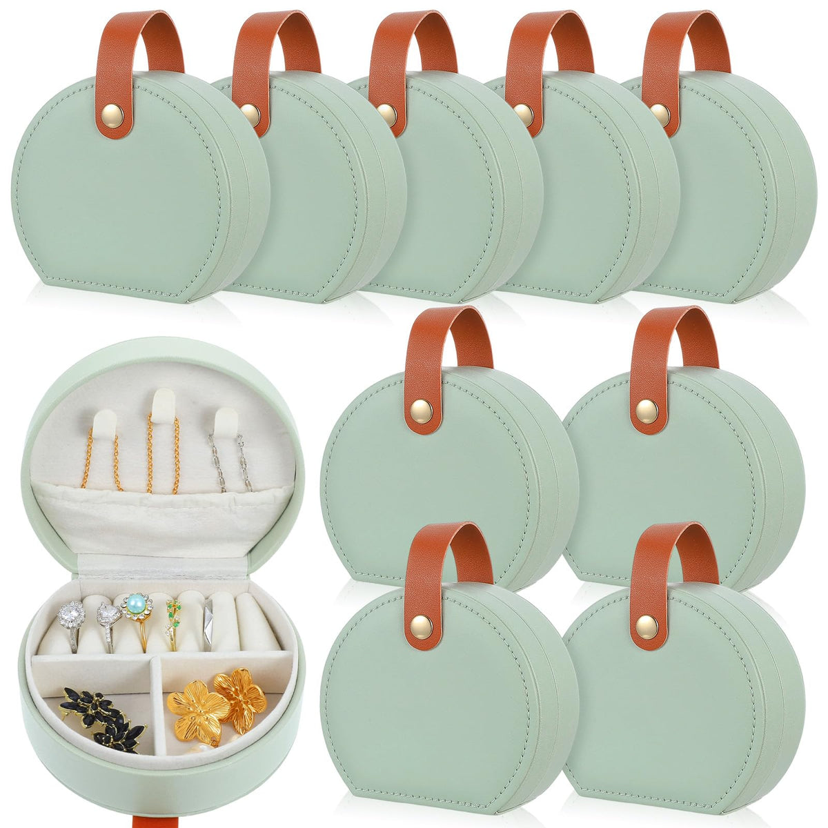 Tolare 10 Pcs Mini Jewelry Travel Case, Small Travel Jewelry Case Organizer, Half Moon Leather Jewelry-Box with Handle, Green Bridesmaid Gift for Women Wedding Party Accessories