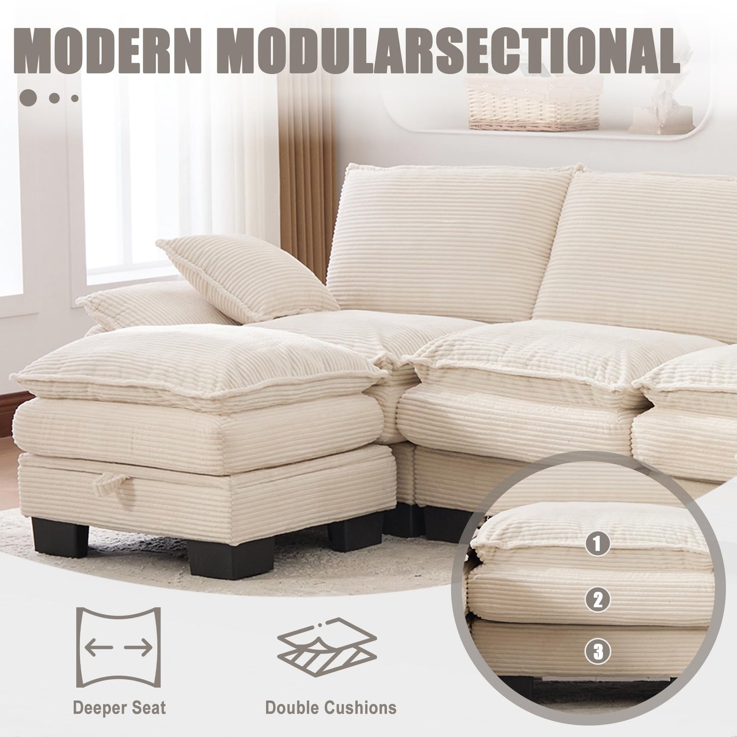 130" Oversized Modular Cloud Sectional Sofa Convertible U/L Shaped Couch Sets for Living Room - 6 Seater Corduroy Cloud Cushion Couches with Storage Ottomans and Pillow Armrest
