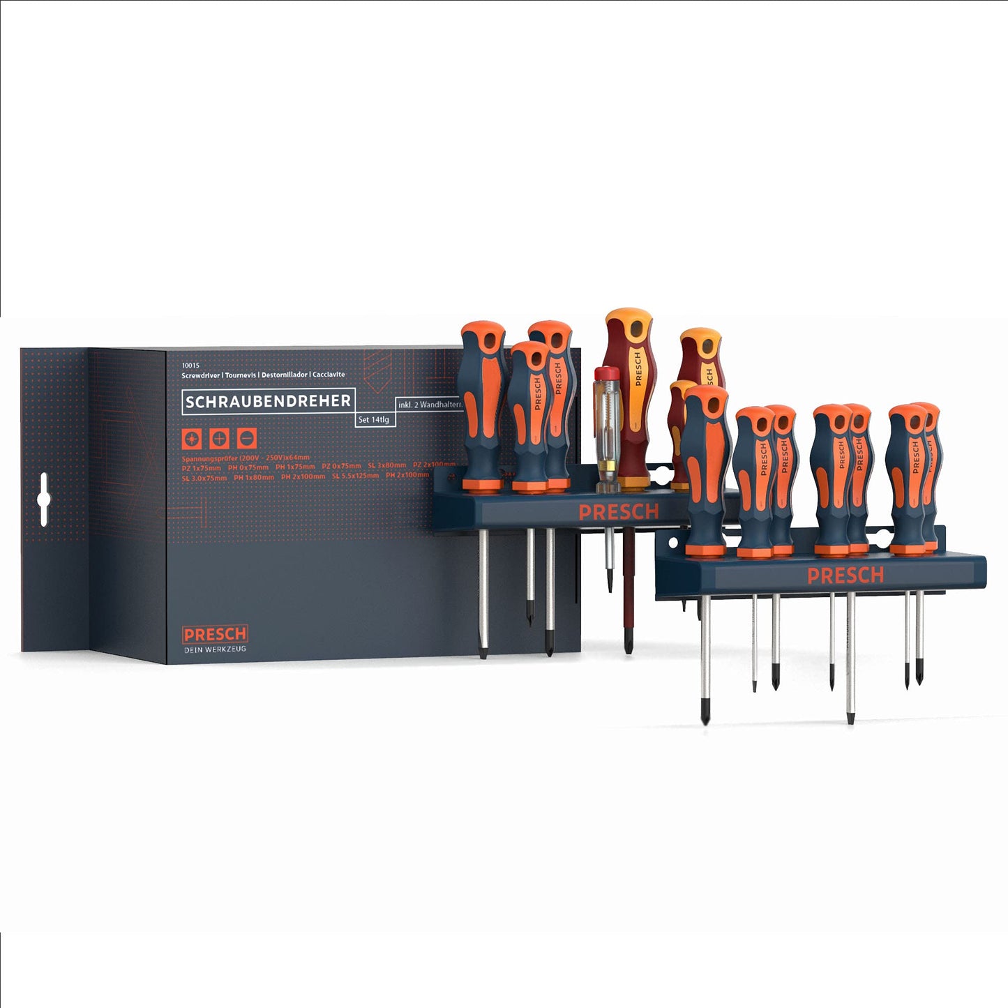 Presch Screwdriver Set 14 pcs - Magnetic Screwdriver Set with PH, Pozidrive, VDE Screwdrivers, Voltage Tester and Holder - Screw Driver Kit