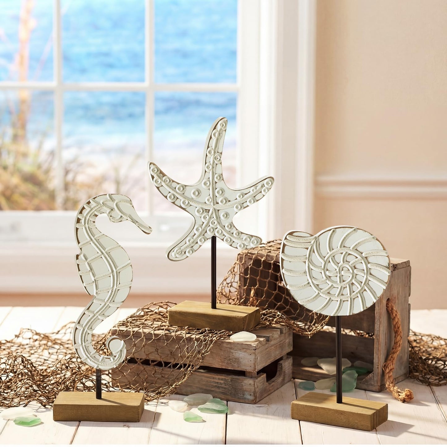 Leinuosen 3 Pcs Wooden Beach Ocean Table Decor White Neutral Coastal Table Centerpiece Rustic Decorative Wood Nautical Figurines Sea Life Starfish Conch Seahorse Statue for Ocean Beach Home Decor