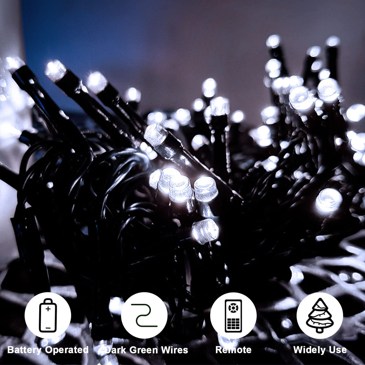 ZAIYW 4 Pack String Lights Battery Operated, Total 66Ft 200 LED Christmas Lights with Remote Timer 8 Modes Fairy String Lights Dark Green Wire for Garland Patio Garden Xmas Tree Decor (Cool White)
