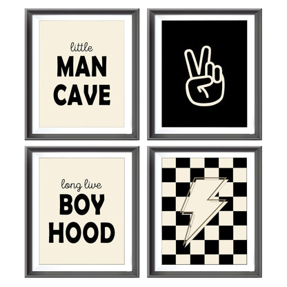 Little Man Cave Retro Preppy Checkered Lightning Peace Sign Long Live Boyhood Poster Prints for Boy Teen Room Dorm Decor, Preppy Yellowish-Black Decorations Prints Wall Art Unframed 4pcs 8x10inches