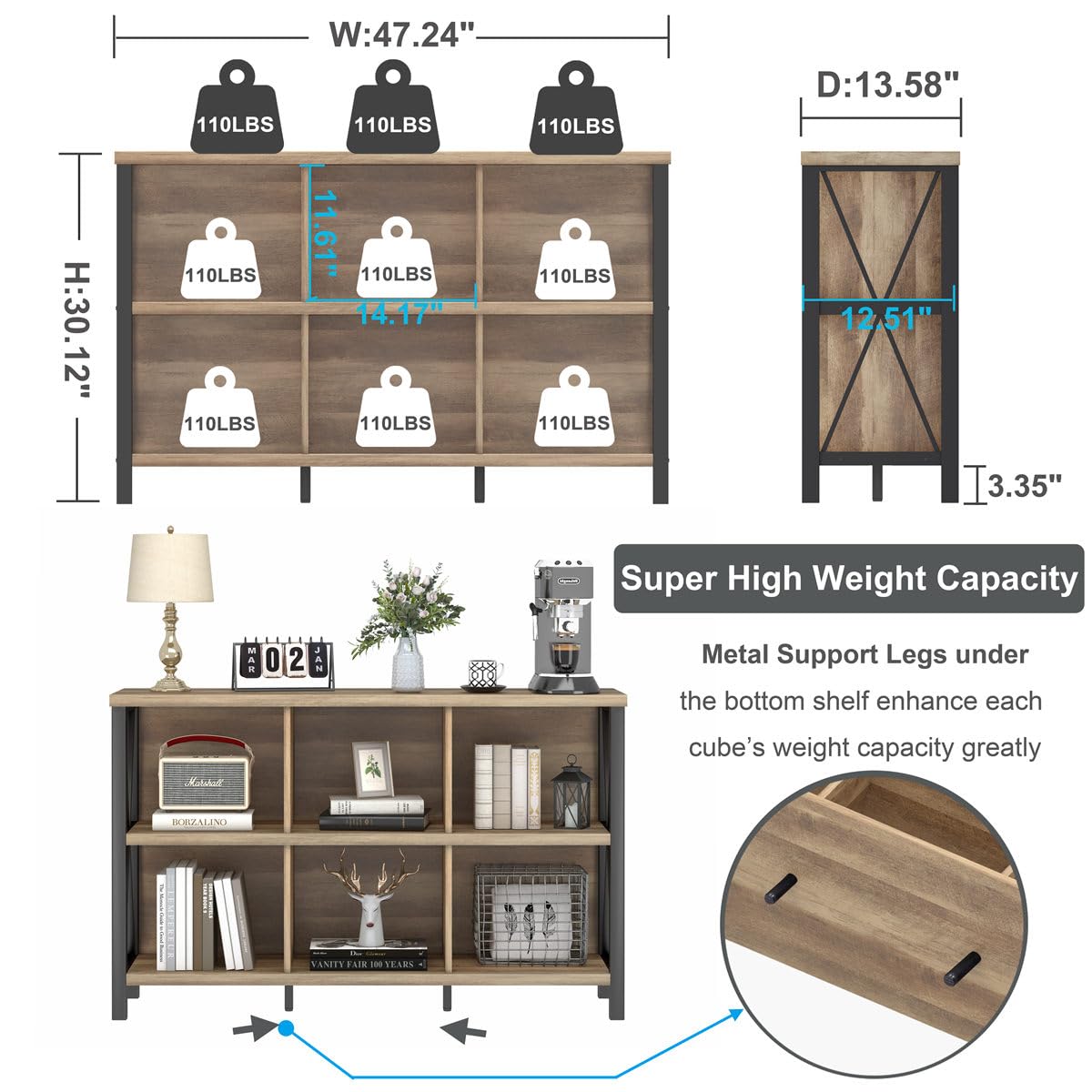 FATORRI 6 Cube Storage Organizer with Shelf, Long Wood and Metal Cubby Bookcase, Industrial Horizontal Bookshelf (Rustic Oak, 47 Inch)